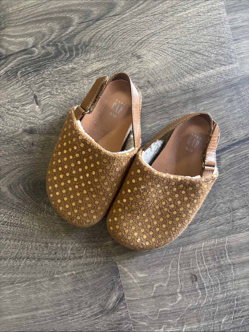 GAP Kids Tan Moccasins with Gold Polka Dots